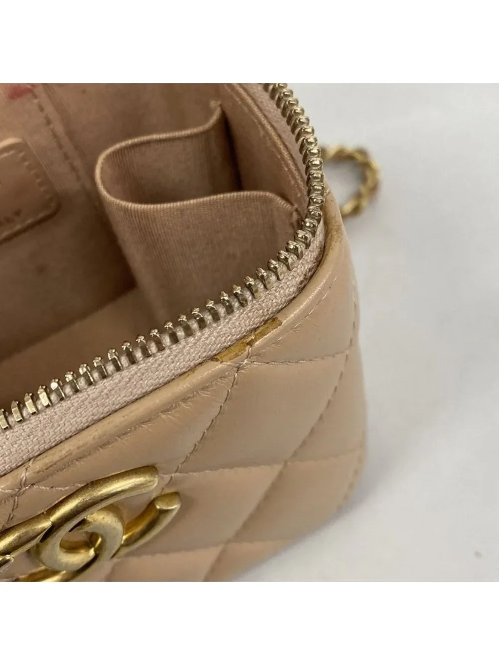 Chanel Vanity Bag Quilted Lambskin Pink Beige Gold